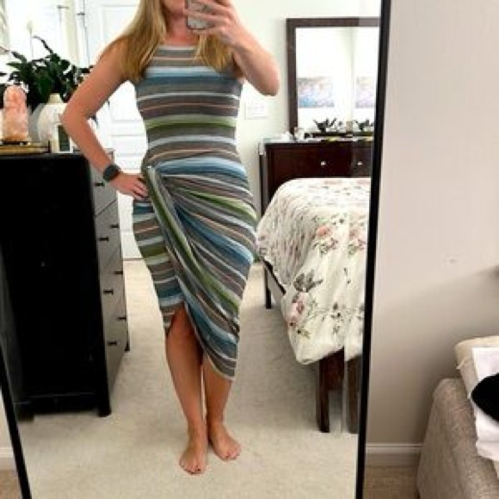 Bailey 44 Striped Sleeveless Midi Dress in Gray, Blue and Green